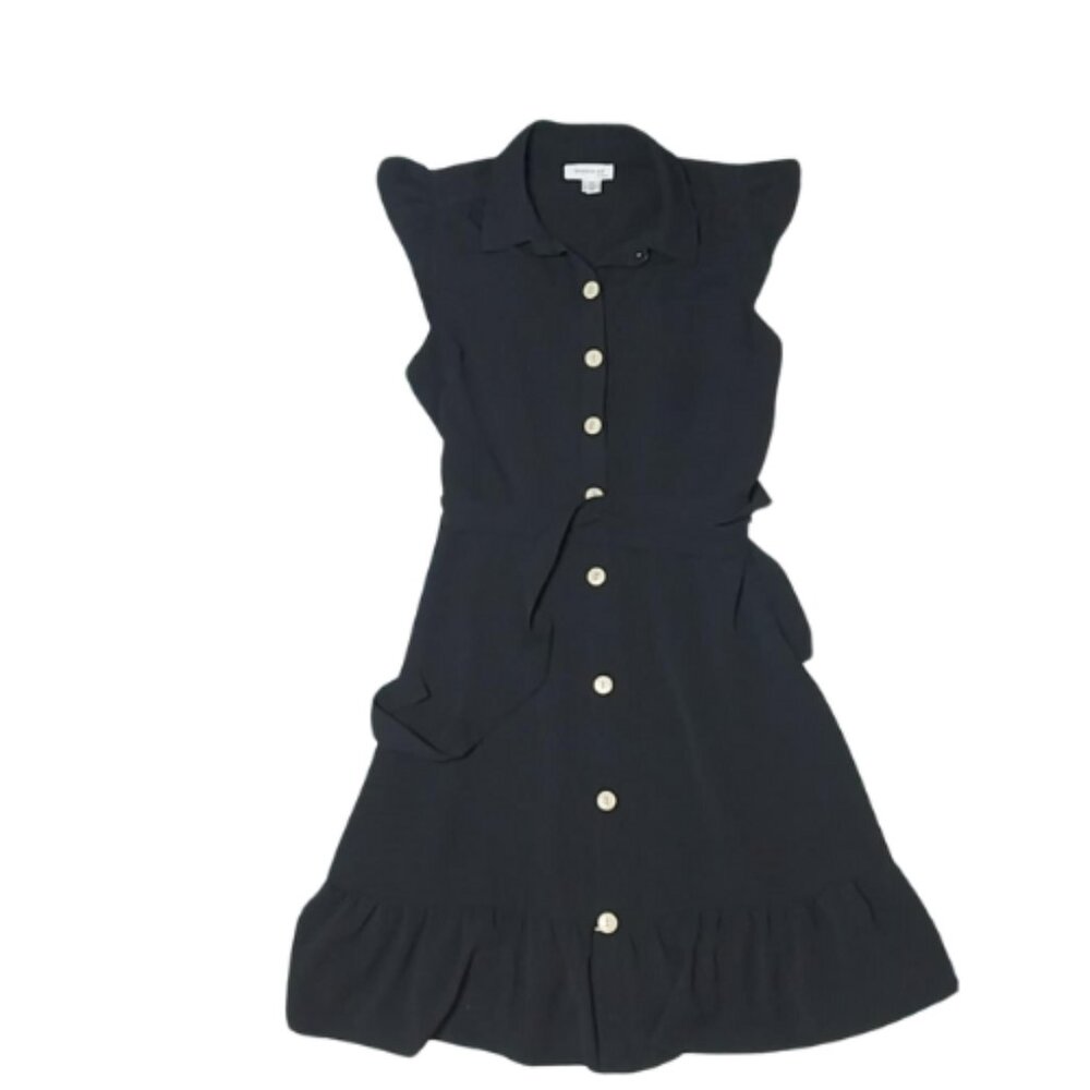 Monteau Los Angeles Ruffle V Neck Pockets Little Black Belted Dress Size Medium